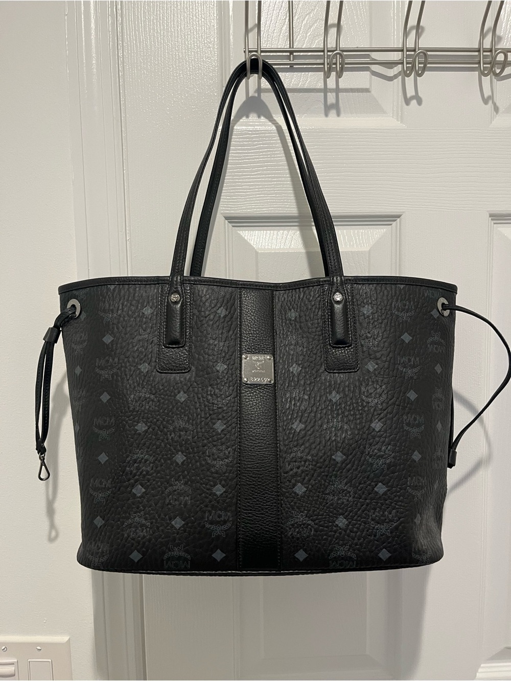 MCM Black Visetos Monogram Tote with Leather Trim